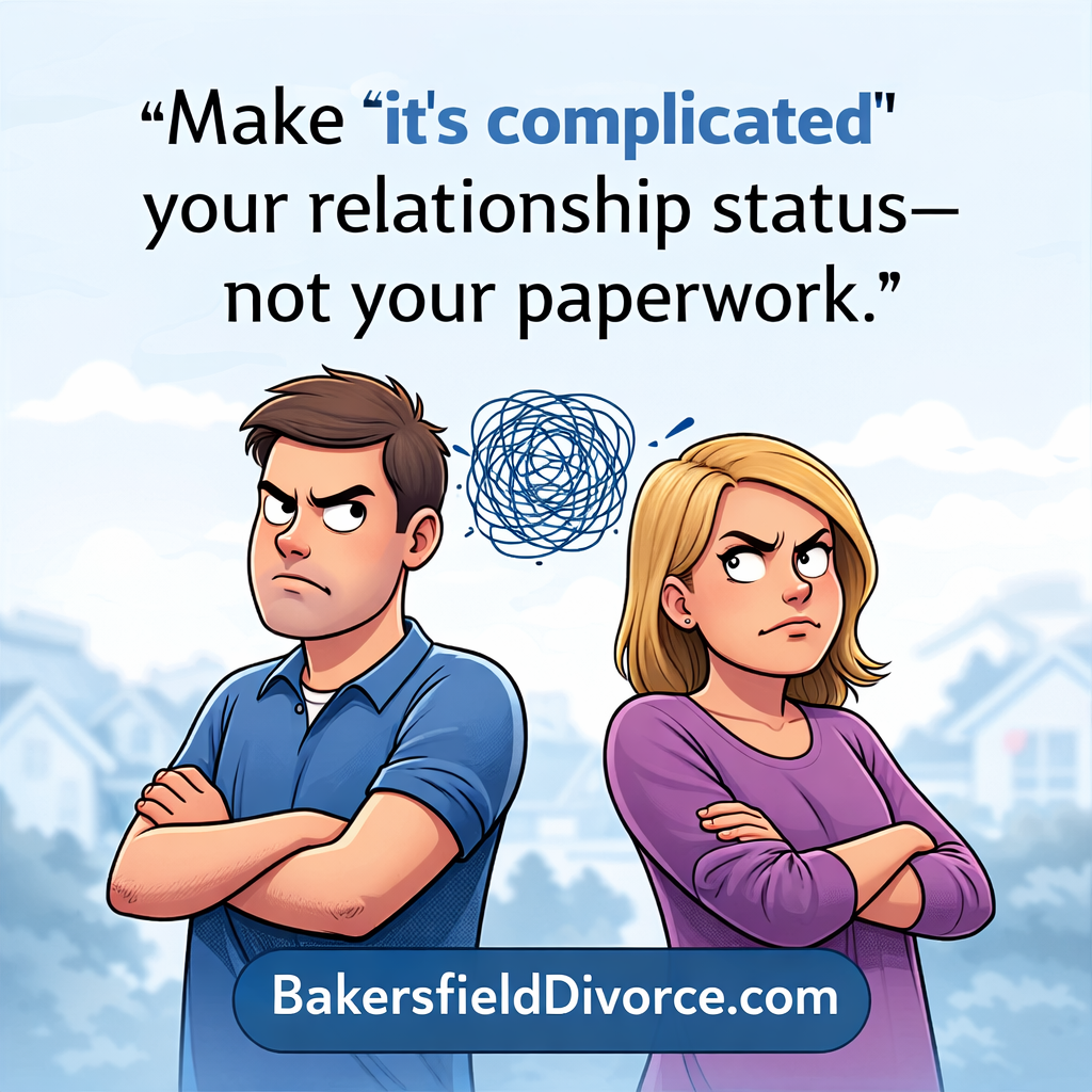 Divorce paperwork cartoon couple arguing relationship status its complicated Bakersfield divorce help